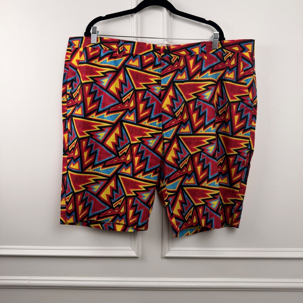 Hreski Mens 44 Geometric Lightning Bolt Print Golf Shorts Red Yellow Blue Bold